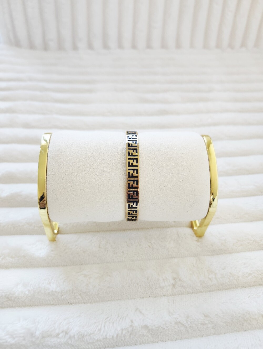 Fendi FF Logo Enamel Hinged Bangle Gold Tone Black Zucca Print Cuff